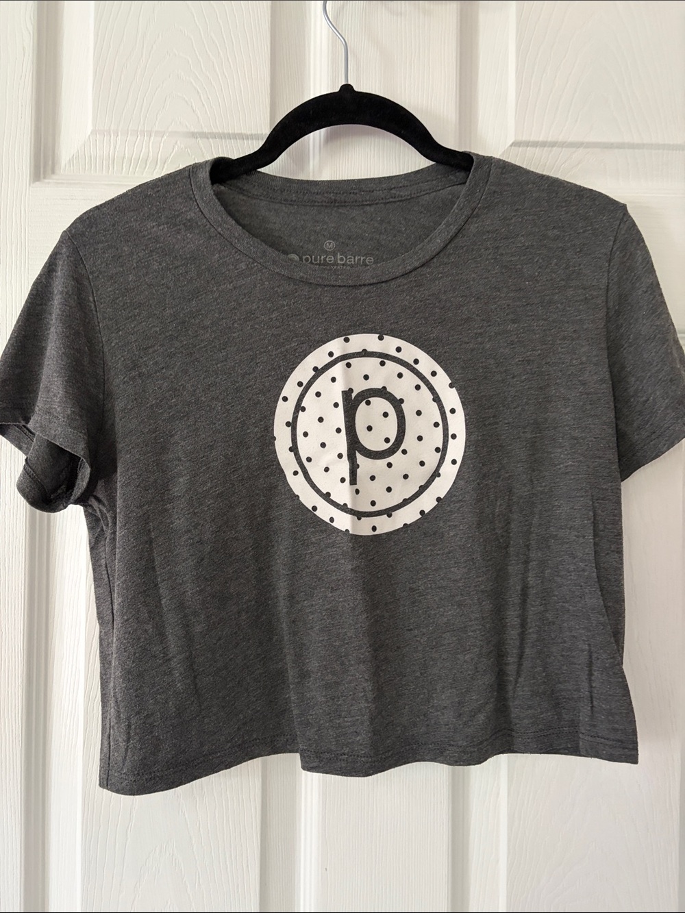 Pure Barre Dark Gray Crop Tee with White Polka Dot Logo